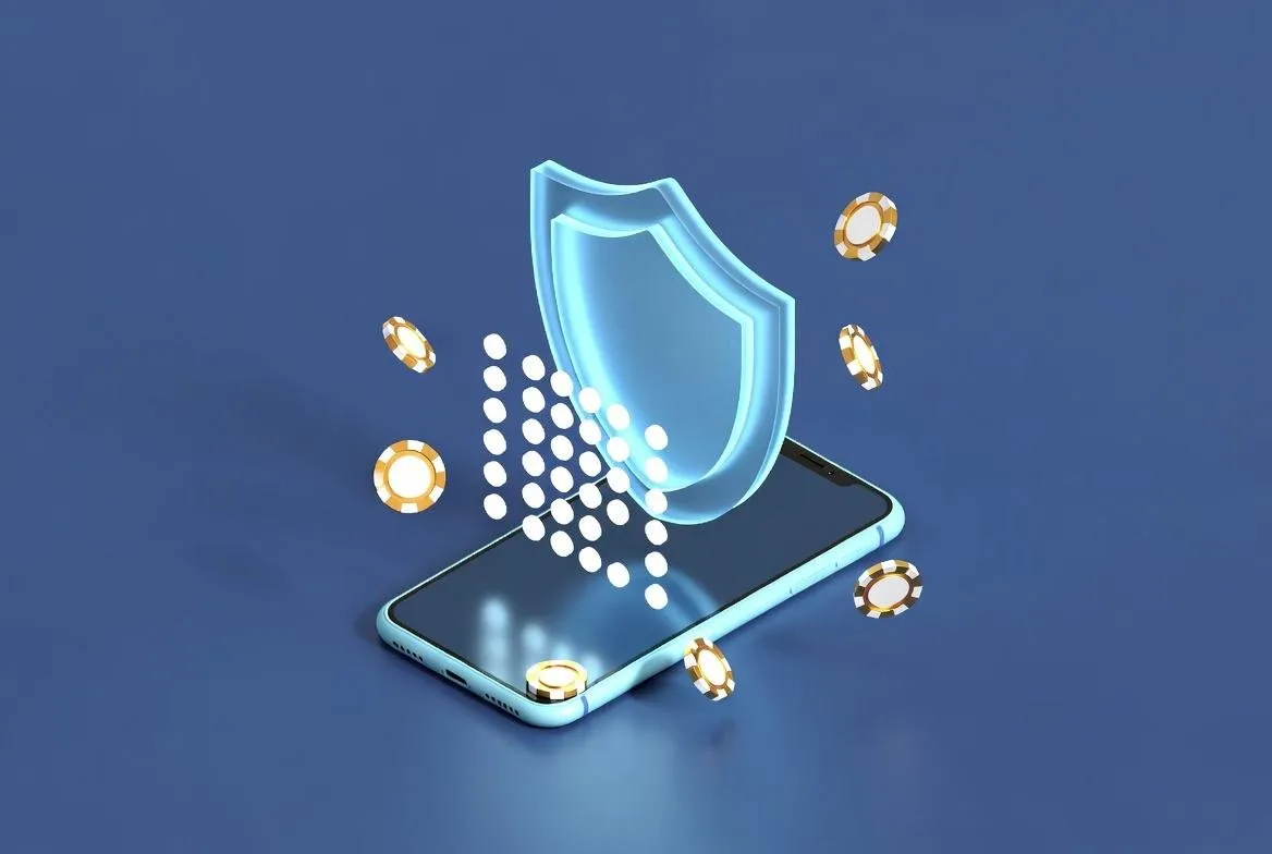 3D Illustration eines geschützten Smartphones mit goldenen Casino Chips und blauem Sicherheitsschild